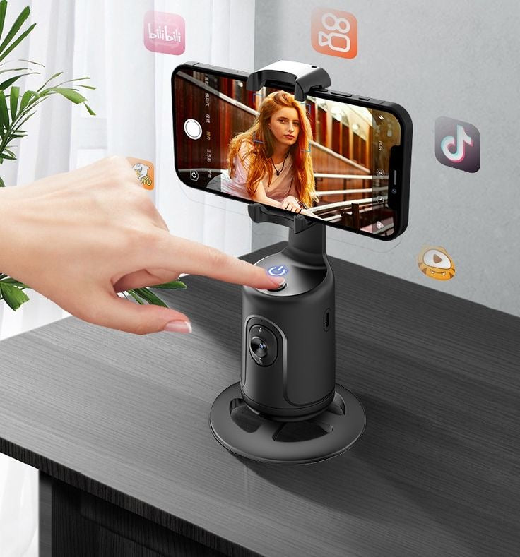 Auto 360° face Tracking Phone Holder for Phone, GoPro, Compact Camera, 360°Rotation Mount with hand gesture Compatible with Tripod, Rotating Stand for iPhone for Vlog, Streaming, Video, FaceTime, TIK Tok