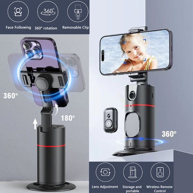 Auto 360° face Tracking Phone Holder for Phone, GoPro, Compact Camera, 360°Rotation Mount with hand gesture Compatible with Tripod, Rotating Stand for iPhone for Vlog, Streaming, Video, FaceTime, TIK Tok